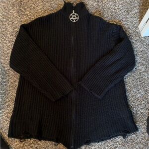 Killstar - Black Ribbed Sweater with Pentagram Zipper